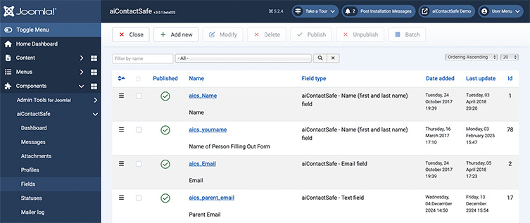 joomla contact form submission aicontactsafe web central field types screenshot